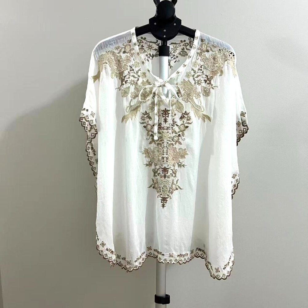 NWOT Johnny Was Embroidered Floral Kaftan Shirt Blouse Oversized Sz M - Picture 2 of 16